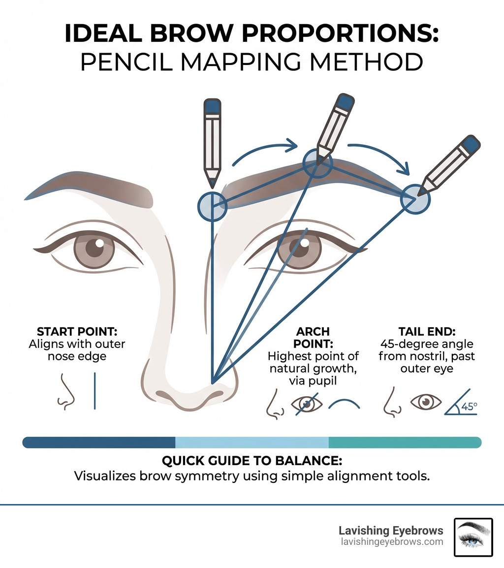 infographic showing the pencil mapping method to measure ideal brow proportions including start point aligned with outer nose edge, arch at highest point of natural growth, and tail ending at 45-degree angle from nostril - fix uneven eyebrows infographic 