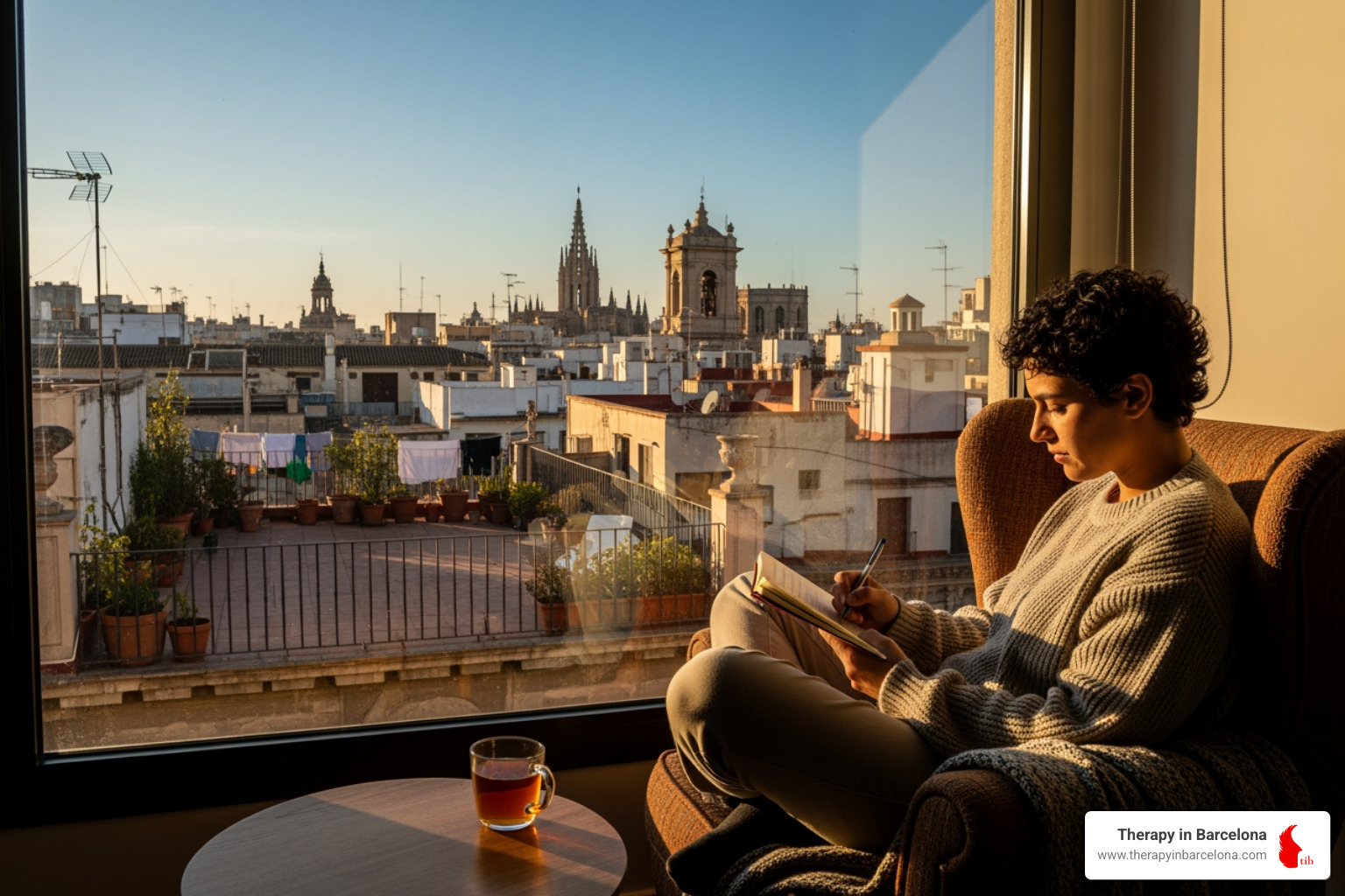 a person journaling thoughtfully in a comfortable setting with a view of a Spanish city like Barcelona or Valencia - therapeutic questions