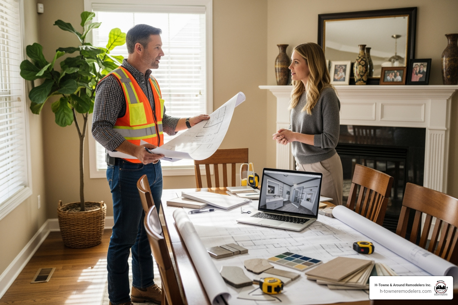contractor consulting with a homeowner over design plans - Bathroom renovation Sugar Land