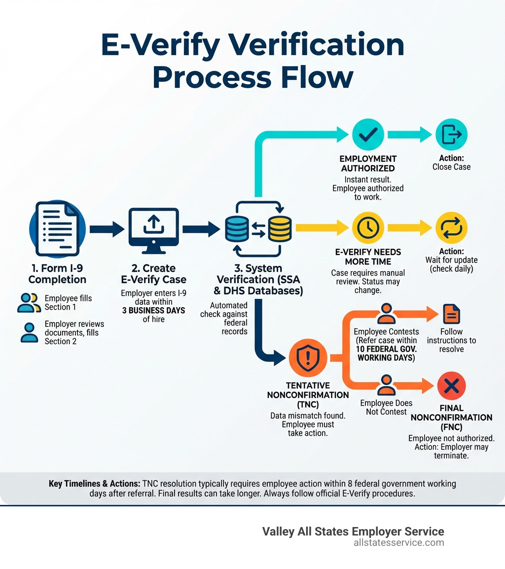detailed infographic showing the complete E-Verify verification process flow: starting with Form I-9 completion by employee and employer, moving to E-Verify case creation within 3 business days, system verification against SSA and DHS databases, branching to possible case results including Employment Authorized, E-Verify Needs More Time, Tentative Nonconfirmation, and Final Nonconfirmation, with associated timelines and required actions for each outcome - e-verify verification process infographic 