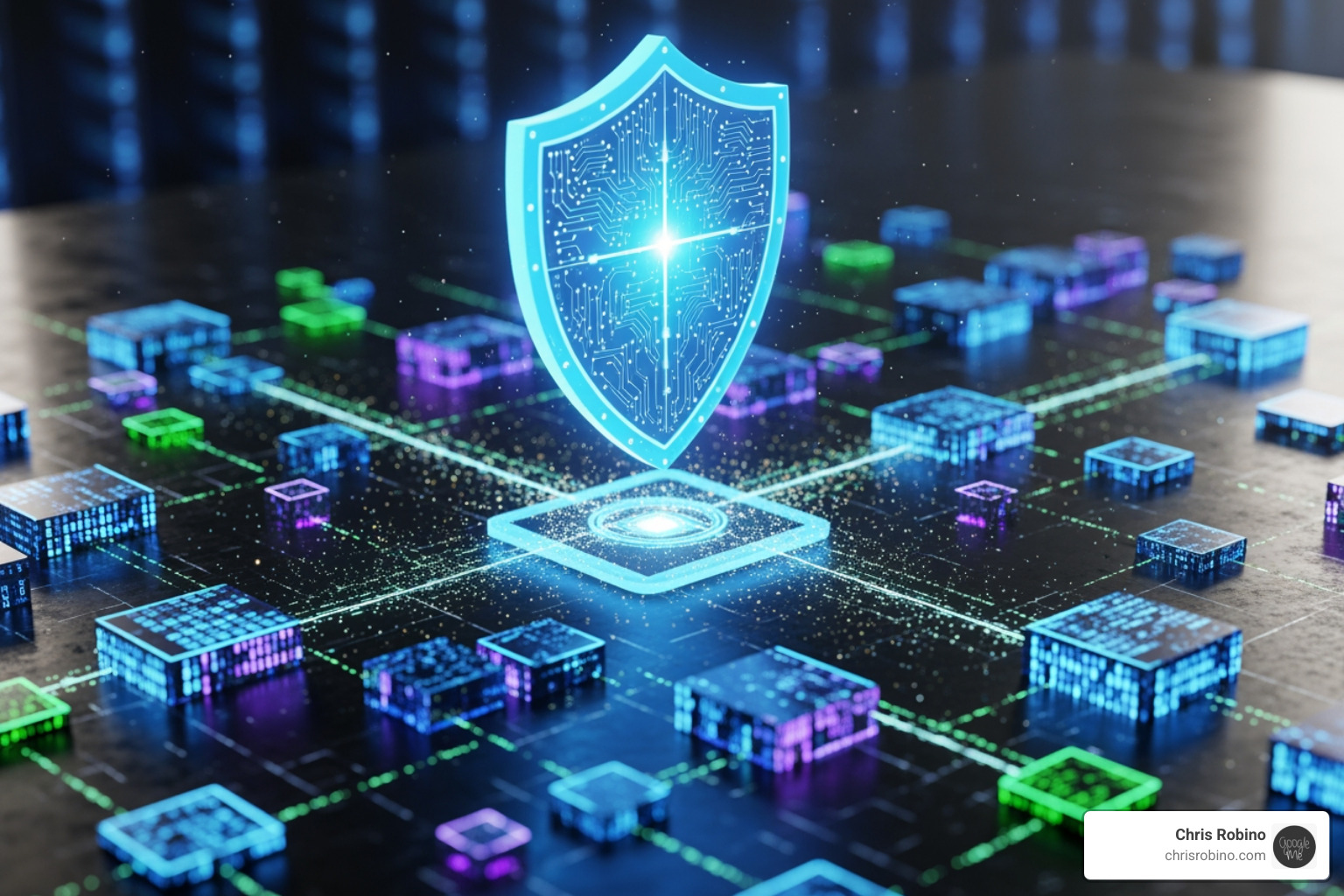 digital shield over connected blocks representing data security - Blockchain supply chain