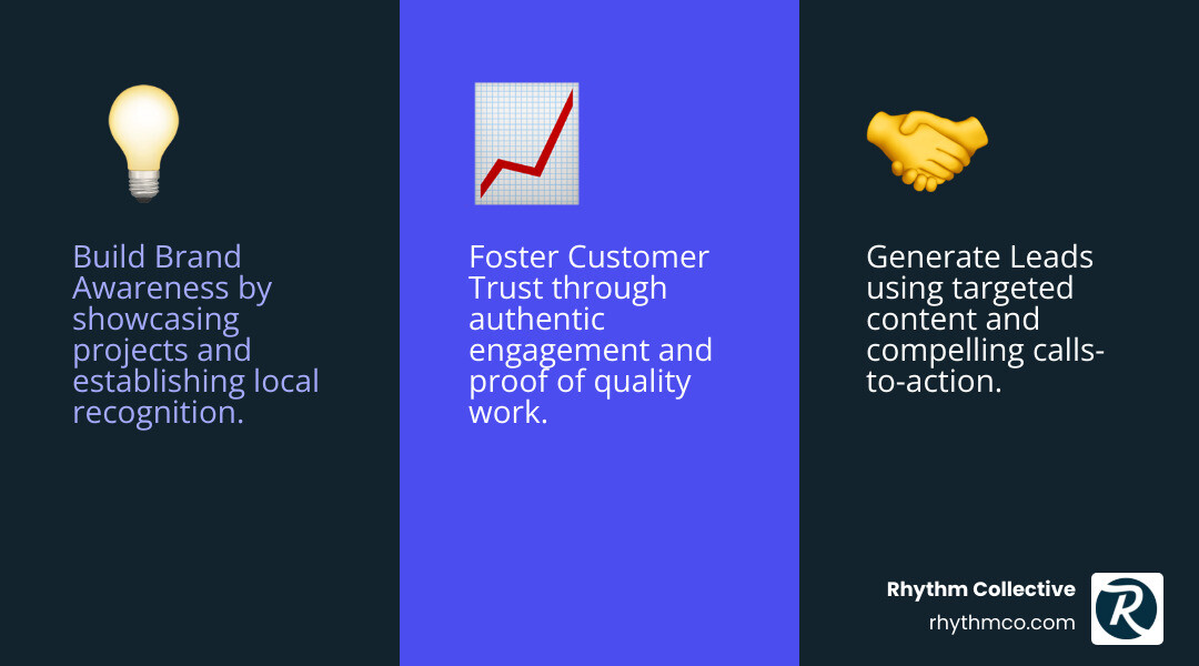 Infographic showing three pillars of contractor social media marketing: Brand Awareness through showcasing projects and building local recognition, Lead Generation through targeted content and clear calls-to-action, and Customer Trust through authentic engagement and proof of quality work - contractor social media marketing infographic 3_facts_emoji_blue Infographic showing three pillars of contractor social media marketing: Brand Awareness through showcasing projects and building local recognition, Lead Generation through targeted content and clear calls-to-action, and Customer Trust through authentic engagement and proof of quality work - contractor social media marketing infographic 3_facts_emoji_blue
