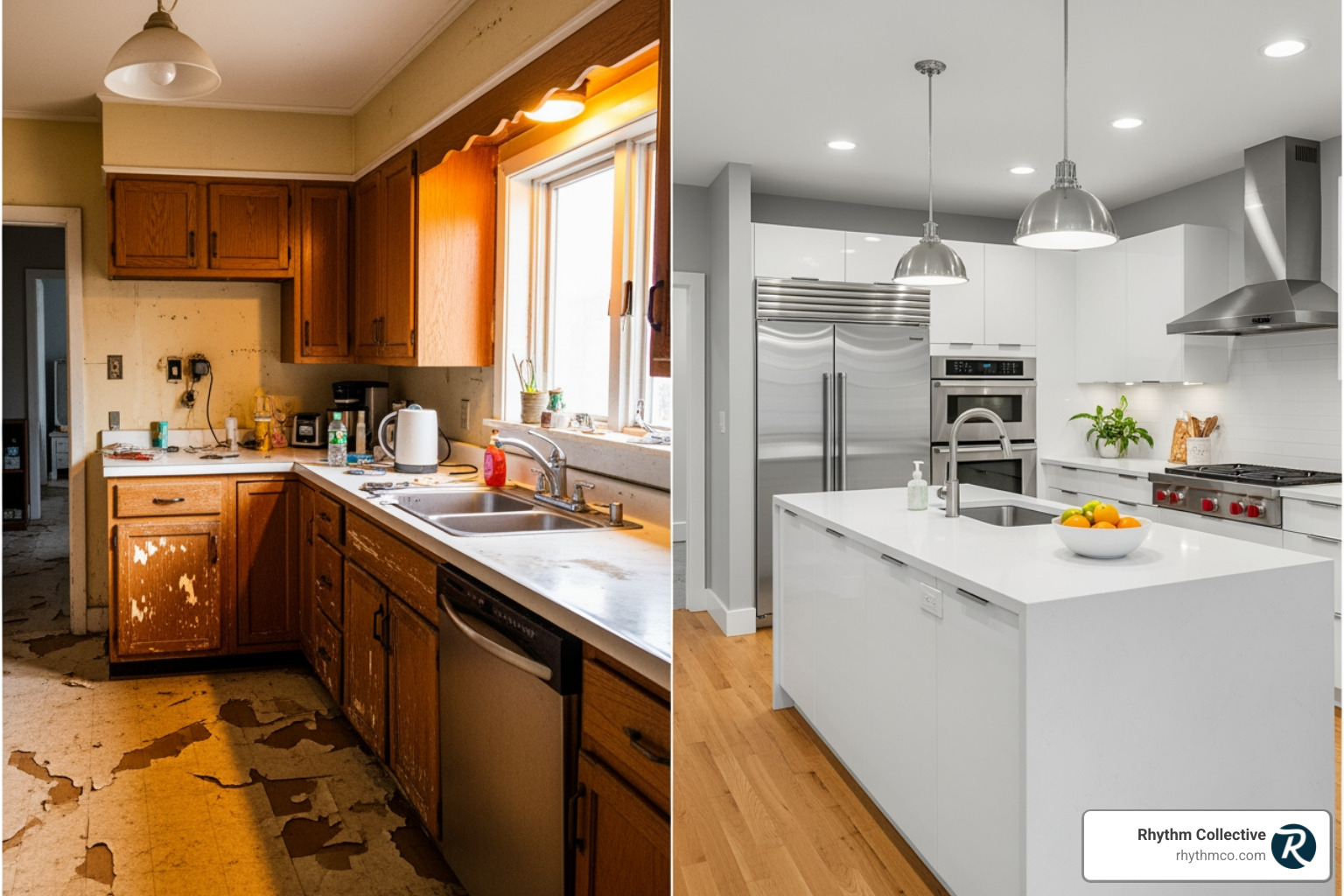 A stunning before-and-after photo of a modern kitchen renovation, showcasing a contractor's high-quality work and transformative capabilities - contractor social media marketing A stunning before-and-after photo of a modern kitchen renovation, showcasing a contractor's high-quality work and transformative capabilities - contractor social media marketing