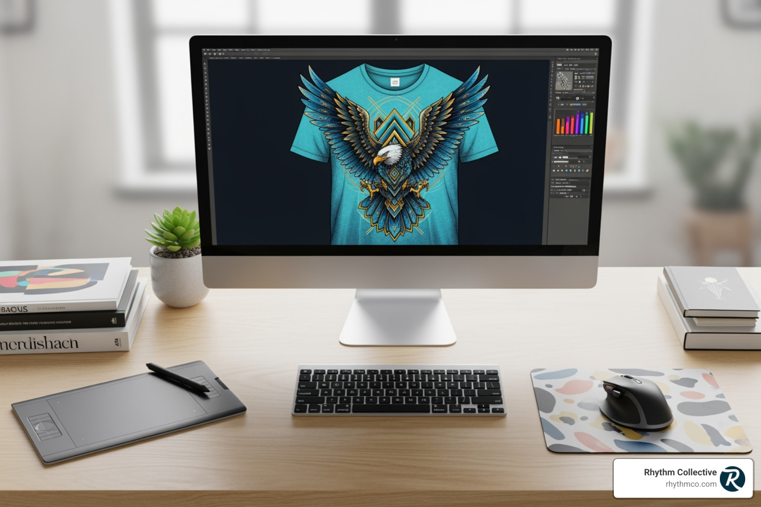 graphic designer's desk with a t-shirt design on a monitor - T-shirt design Knoxville graphic designer's desk with a t-shirt design on a monitor - T-shirt design Knoxville