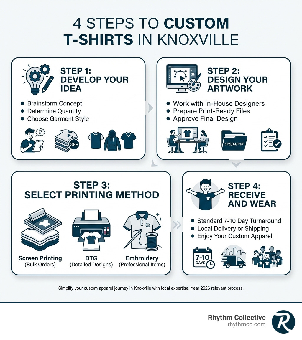Infographic showing the 4 steps to getting custom t-shirts in Knoxville: Step 1 - Develop Your Idea (brainstorm concept, determine quantity, choose garment style), Step 2 - Design Your Artwork (work with in-house designers, prepare print-ready files, approve final design), Step 3 - Select Printing Method (screen printing for bulk orders, DTG for detailed designs, embroidery for professional items), Step 4 - Receive and Wear (standard 7-10 day turnaround, local delivery or shipping, enjoy your custom apparel) - T-shirt design Knoxville infographic Infographic showing the 4 steps to getting custom t-shirts in Knoxville: Step 1 - Develop Your Idea (brainstorm concept, determine quantity, choose garment style), Step 2 - Design Your Artwork (work with in-house designers, prepare print-ready files, approve final design), Step 3 - Select Printing Method (screen printing for bulk orders, DTG for detailed designs, embroidery for professional items), Step 4 - Receive and Wear (standard 7-10 day turnaround, local delivery or shipping, enjoy your custom apparel) - T-shirt design Knoxville infographic