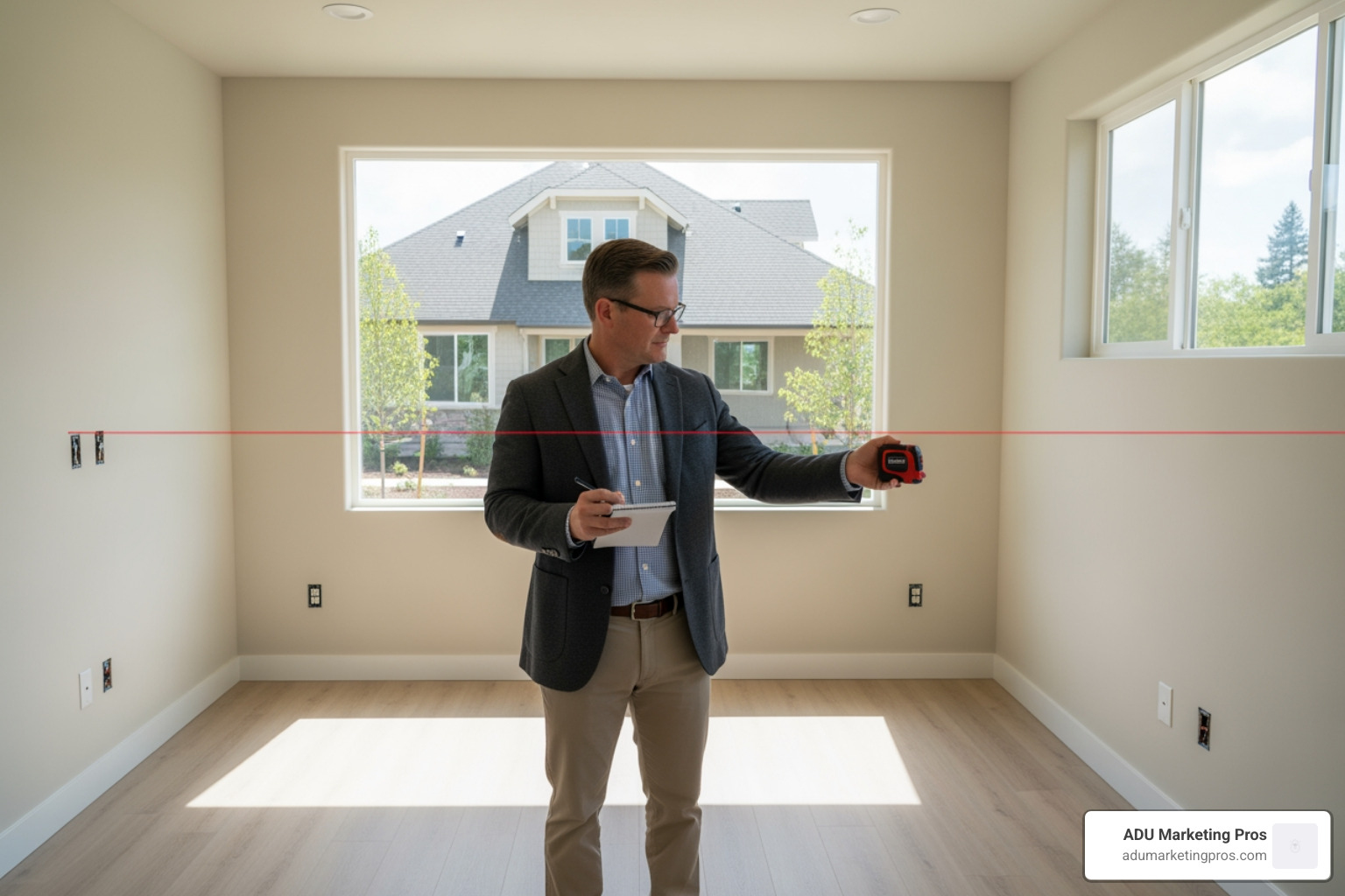 appraiser using a laser measure inside a newly built ADU, with the primary house visible through a window. - fannie mae adu guidelines