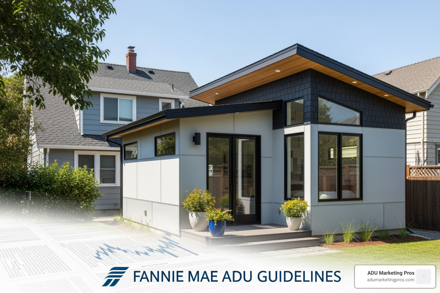 clear architectural floor plan for an ADU, with labels pointing to the separate kitchen, bathroom, sleeping area, and private entrance. - fannie mae adu guidelines