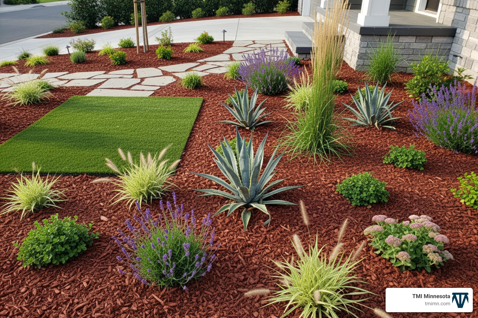 A landscaped front yard with deep wood chip mulch around diverse plants and a small, functional patch of artificial turf - xeriscape front yard A landscaped front yard with deep wood chip mulch around diverse plants and a small, functional patch of artificial turf - xeriscape front yard