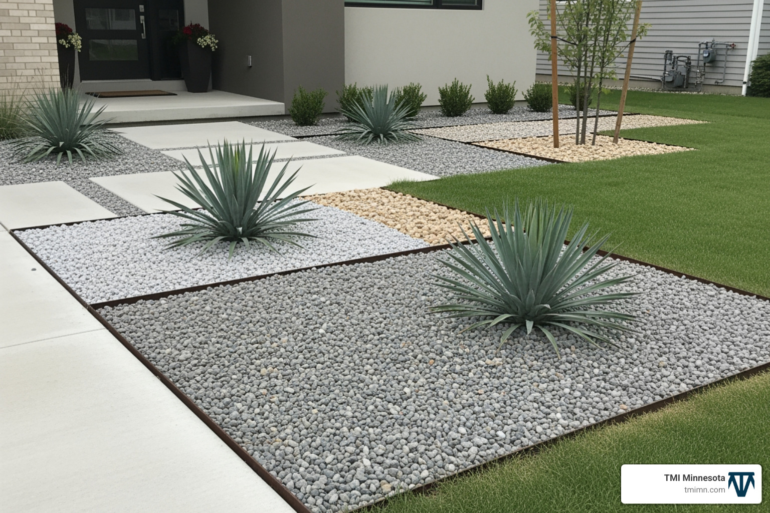 A minimalist xeriscape front yard with clean lines, geometric gravel beds, and a few sculptural agave plants suitable for Minnesota's climate - xeriscape front yard A minimalist xeriscape front yard with clean lines, geometric gravel beds, and a few sculptural agave plants suitable for Minnesota's climate - xeriscape front yard