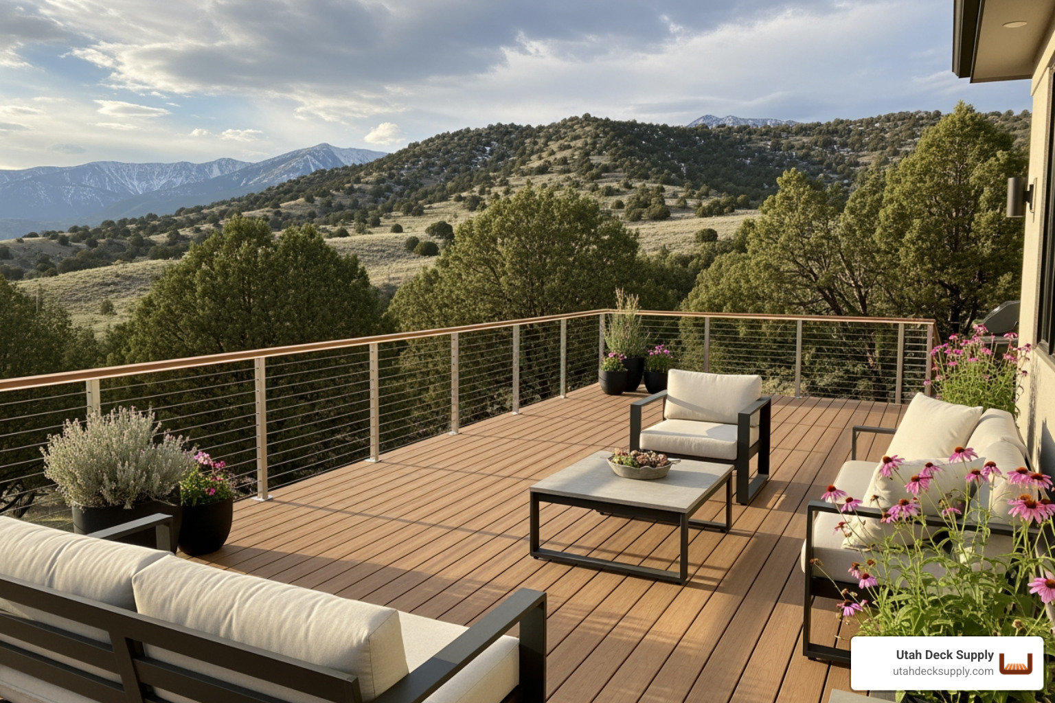 a stylish deck with integrated lighting and a modern cable railing system in a northern utah afternoon setting - deck material cost