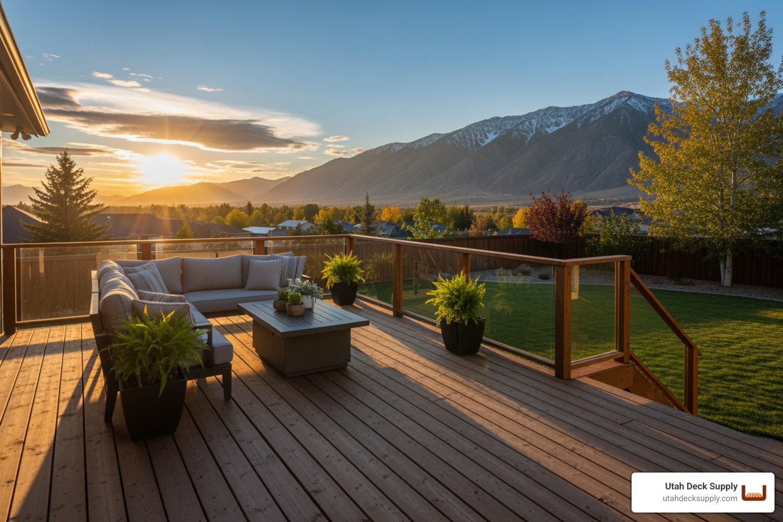 a beautiful finished deck in a Utah backyard setting with mountains in the background during sunset - deck material cost