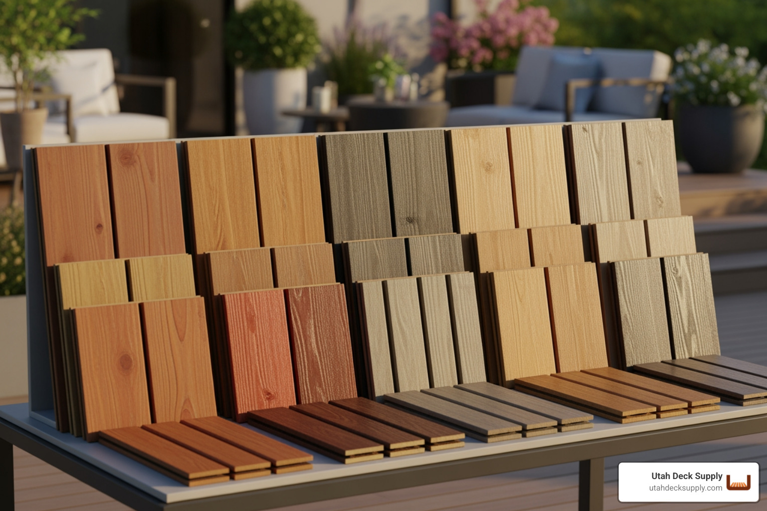 various decking material samples like wood, composite, and PVC, neatly arranged; Decking materials; Cost comparison; Budgeting; Outdoor living space - deck material cost