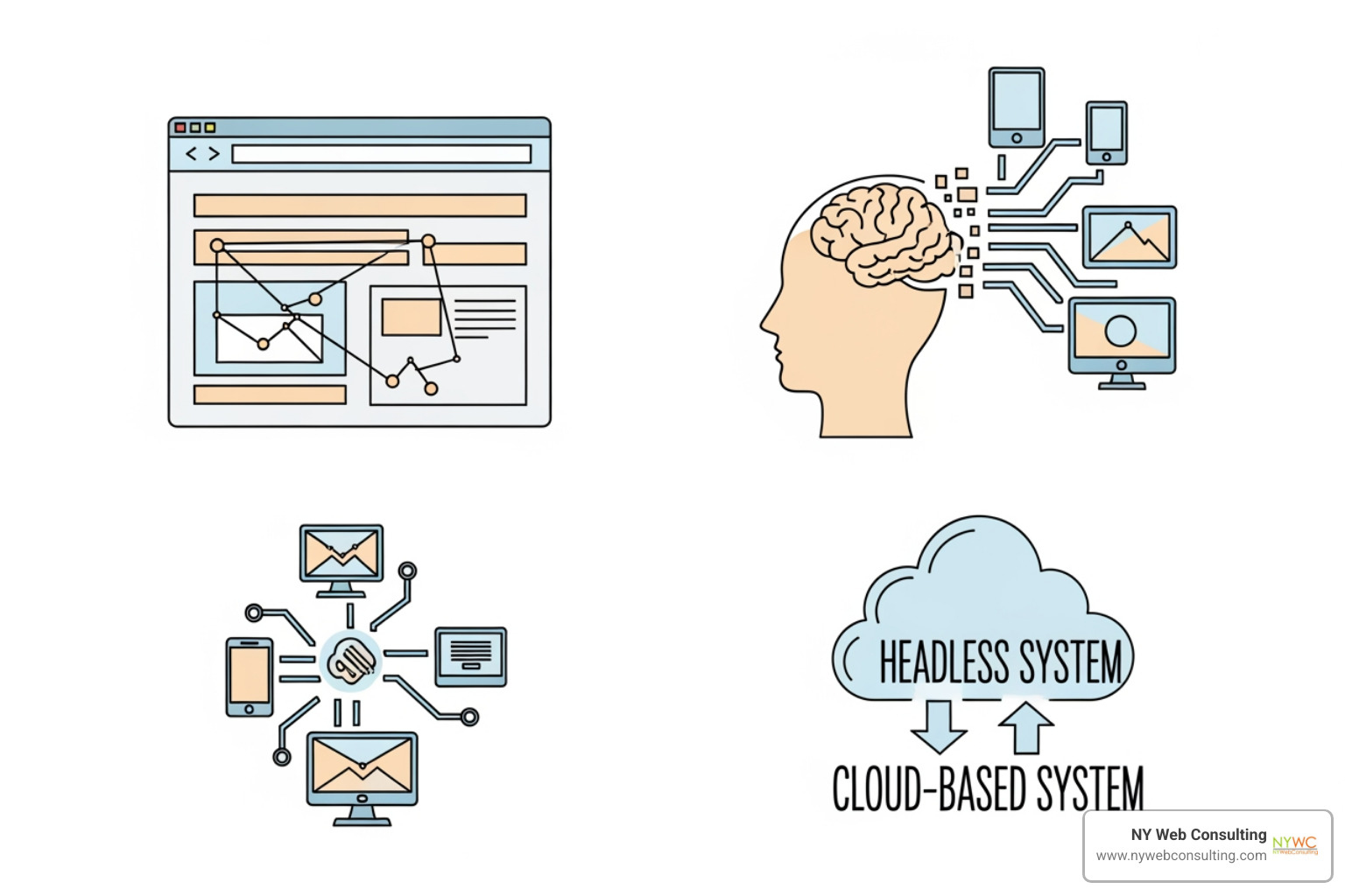 Icons representing different CMS types (traditional, headless, cloud) - CMS website development Icons representing different CMS types (traditional, headless, cloud) - CMS website development
