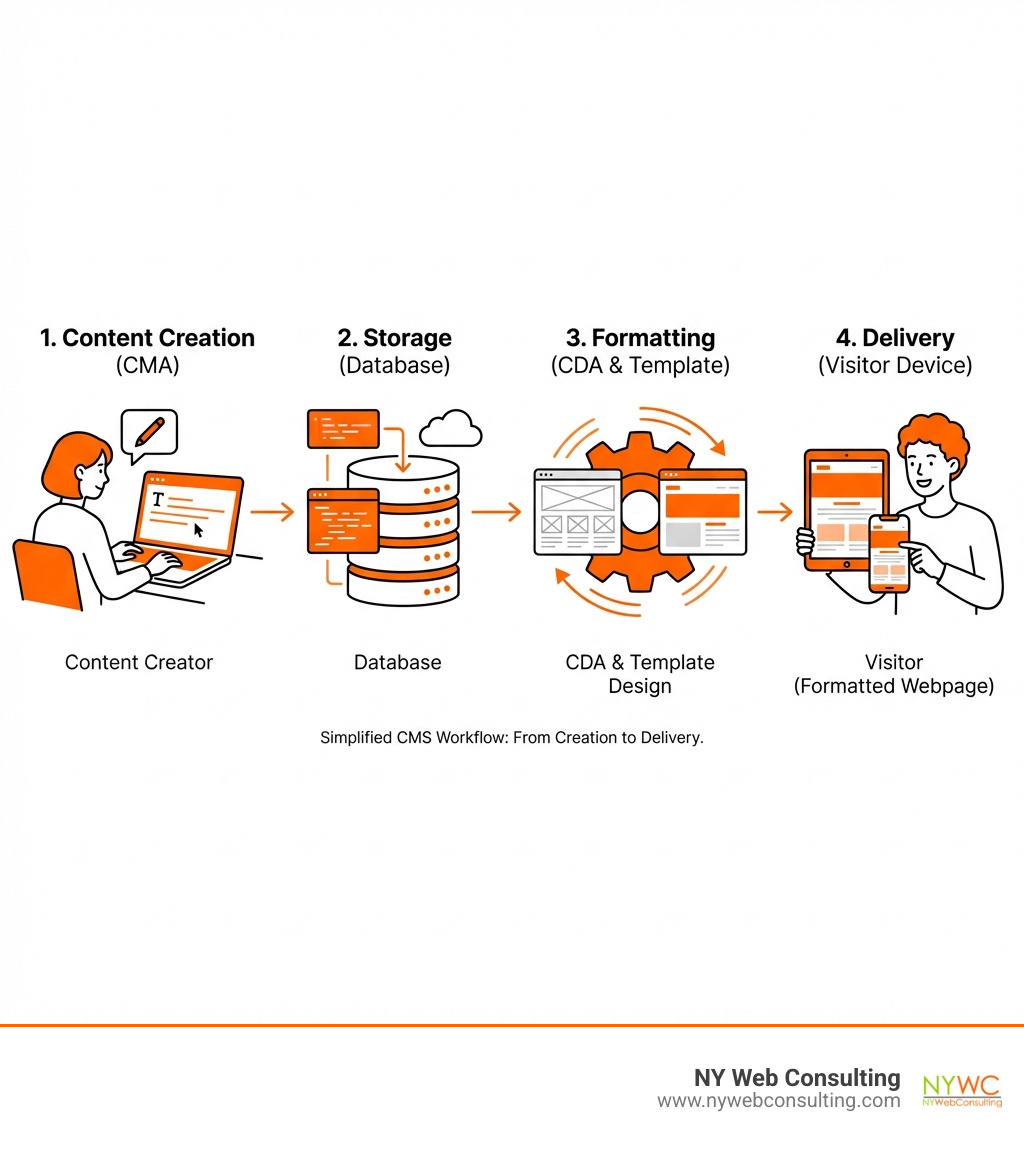 Infographic showing CMS workflow: Content creator writes in CMA dashboard, content stored in database, CDA applies template design, visitor sees formatted webpage on their device - CMS website development infographic Infographic showing CMS workflow: Content creator writes in CMA dashboard, content stored in database, CDA applies template design, visitor sees formatted webpage on their device - CMS website development infographic
