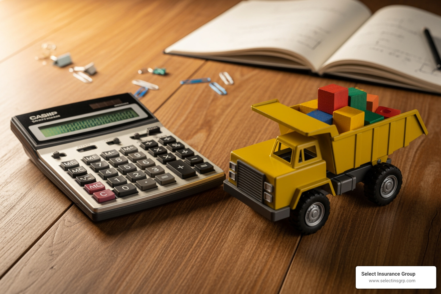 calculator and a toy dump truck on a desk - commercial dump truck insurance calculator and a toy dump truck on a desk - commercial dump truck insurance