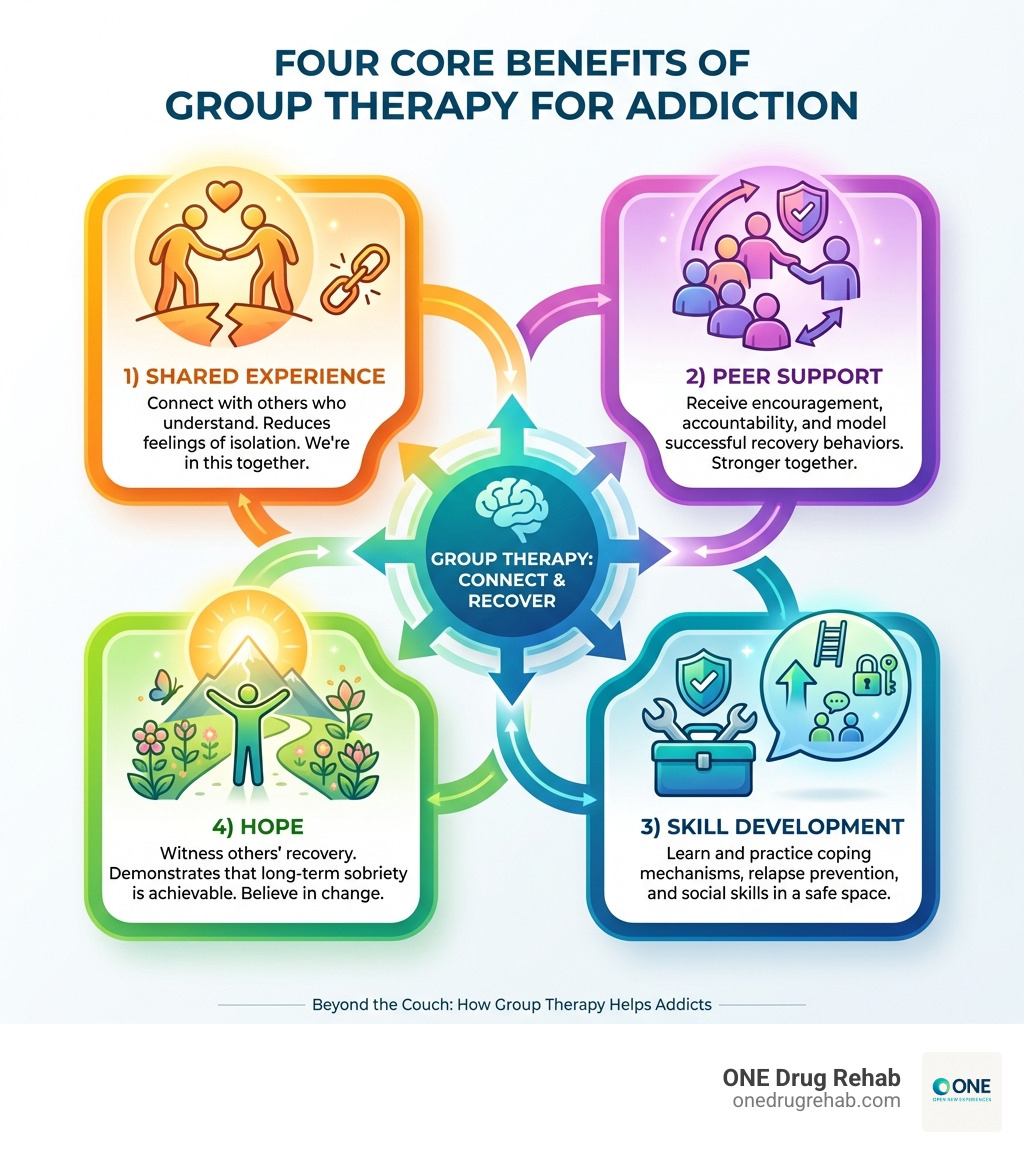 Infographic showing the four core benefits of group therapy for addiction: 1) Shared Experience - connecting with others who understand your struggle and reducing feelings of isolation, 2) Peer Support - receiving encouragement, accountability, and modeling of successful recovery behaviors from group members, 3) Skill Development - learning and practicing coping mechanisms, relapse prevention strategies, and social skills in a safe environment, and 4) Hope - witnessing others' recovery journey demonstrates that long-term sobriety is achievable - how group therapy help addicts infographic Infographic showing the four core benefits of group therapy for addiction: 1) Shared Experience - connecting with others who understand your struggle and reducing feelings of isolation, 2) Peer Support - receiving encouragement, accountability, and modeling of successful recovery behaviors from group members, 3) Skill Development - learning and practicing coping mechanisms, relapse prevention strategies, and social skills in a safe environment, and 4) Hope - witnessing others' recovery journey demonstrates that long-term sobriety is achievable - how group therapy help addicts infographic