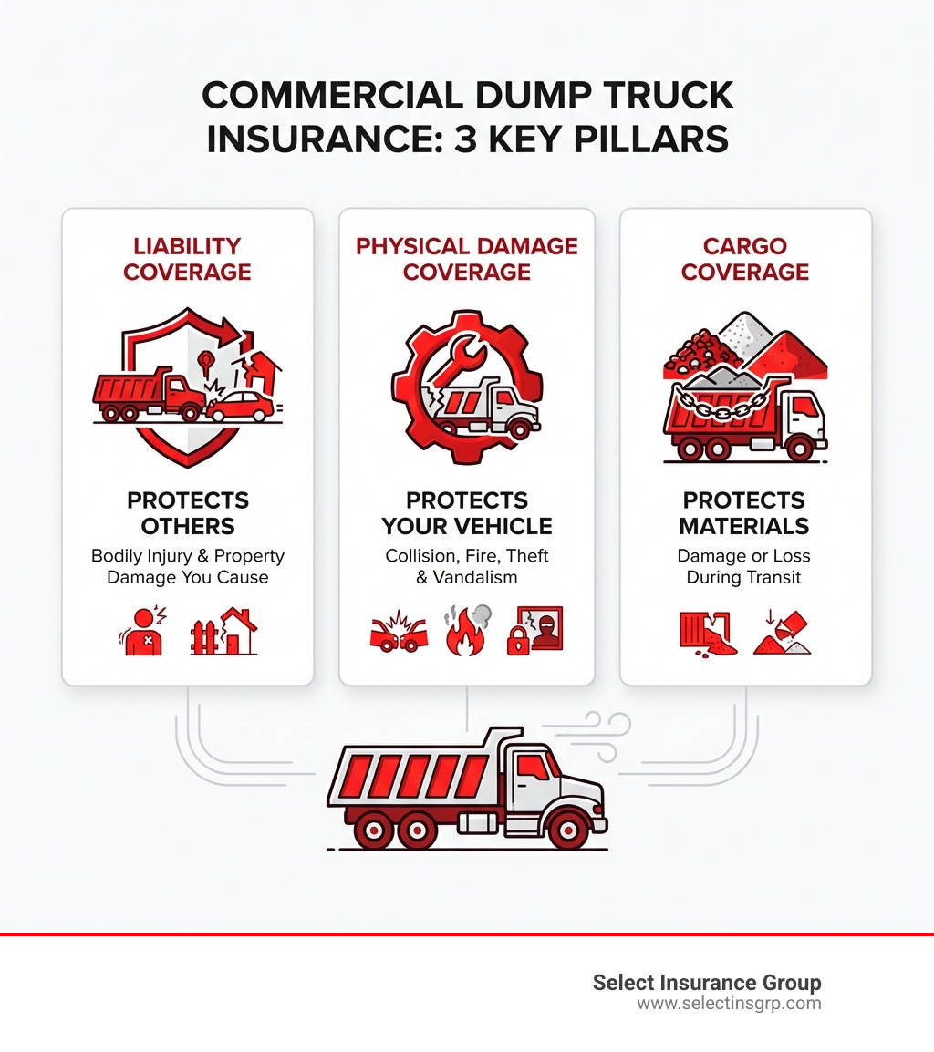 Infographic showing the three key pillars of commercial dump truck insurance: Liability Coverage protecting others from bodily injury and property damage you cause; Physical Damage Coverage protecting your own vehicle from collision, fire, theft and vandalism; and Cargo Coverage protecting the materials you transport from damage or loss during transit - commercial dump truck insurance infographic Infographic showing the three key pillars of commercial dump truck insurance: Liability Coverage protecting others from bodily injury and property damage you cause; Physical Damage Coverage protecting your own vehicle from collision, fire, theft and vandalism; and Cargo Coverage protecting the materials you transport from damage or loss during transit - commercial dump truck insurance infographic