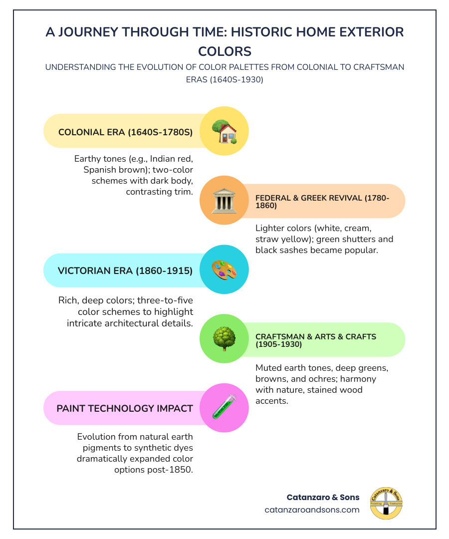 Infographic showing the evolution of historic home exterior colors from 1640s to 1930, with three main sections: Colonial Era (1640s-1780s) showing two-color schemes with earthy reds and browns, Federal/Greek Revival (1780-1860) showing lighter whites and creams with green shutters, and Victorian Era (1860-1915) showing rich three-to-five color schemes with deep jewel tones - historic home exterior colors infographic infographic-line-5-steps-colors Infographic showing the evolution of historic home exterior colors from 1640s to 1930, with three main sections: Colonial Era (1640s-1780s) showing two-color schemes with earthy reds and browns, Federal/Greek Revival (1780-1860) showing lighter whites and creams with green shutters, and Victorian Era (1860-1915) showing rich three-to-five color schemes with deep jewel tones - historic home exterior colors infographic infographic-line-5-steps-colors