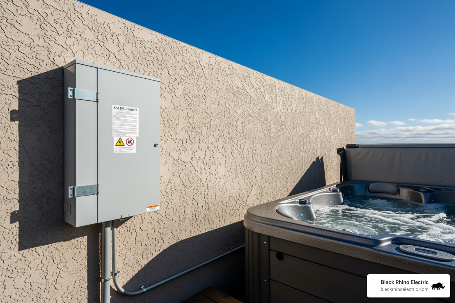 outdoor spa disconnect panel next to a hot tub - electrician to disconnect hot tub outdoor spa disconnect panel next to a hot tub - electrician to disconnect hot tub