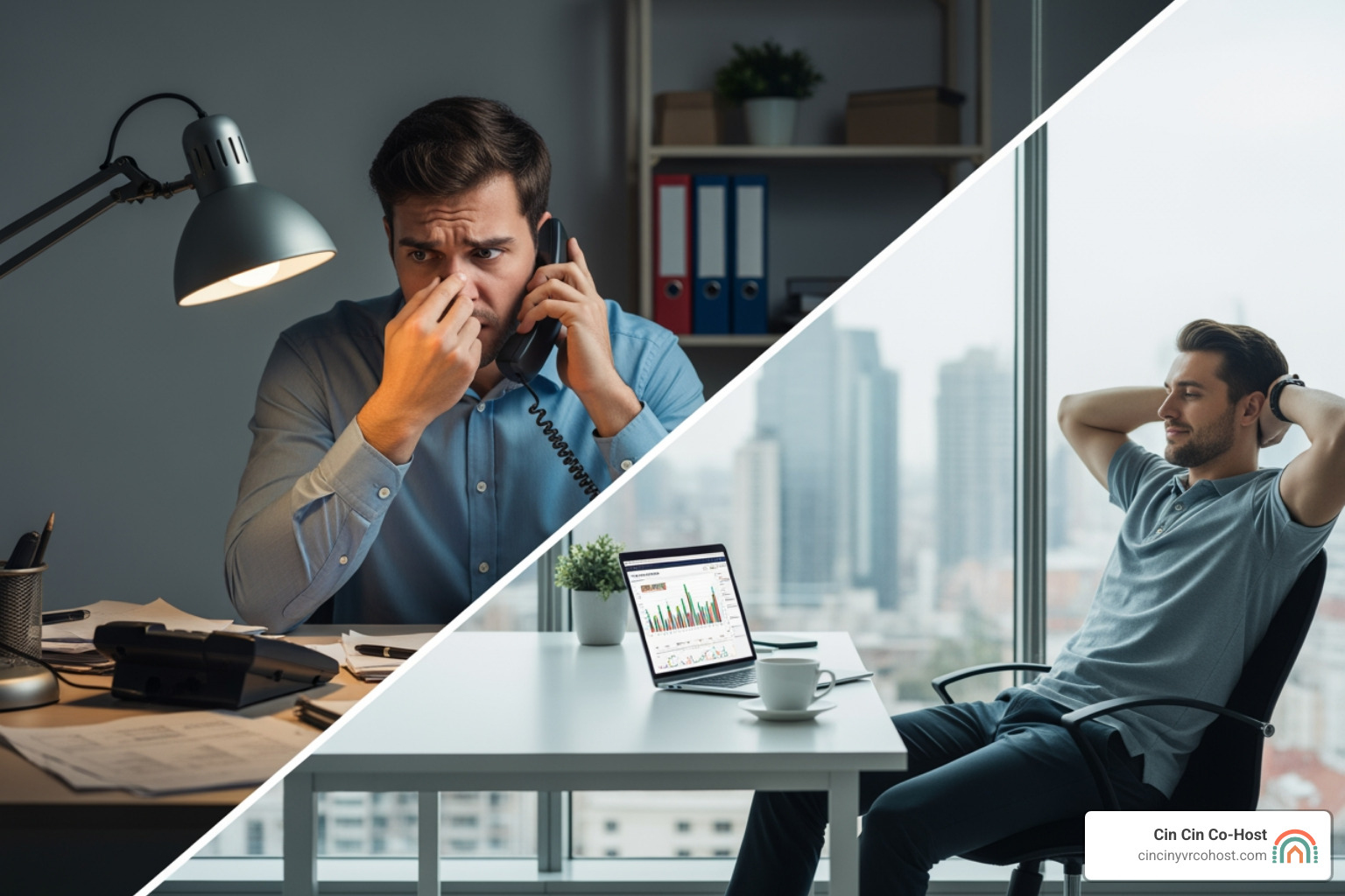 Stressed landlord on phone vs. relaxed investor checking dividends on laptop - rental properties for passive income Stressed landlord on phone vs. relaxed investor checking dividends on laptop - rental properties for passive income