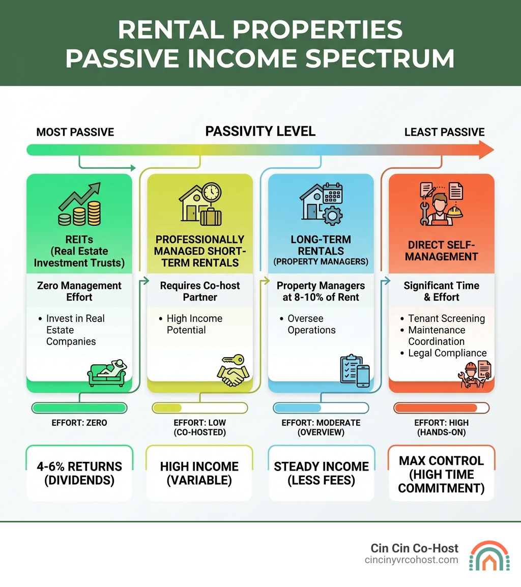 Infographic showing the passive income spectrum for rental properties: REITs at the most passive end requiring zero management effort with 4-6% returns, followed by professionally managed short-term rentals with high income potential but requiring a co-host partner, then long-term rentals with property managers at 8-10% of rent, and direct self-management at the least passive end requiring significant time for tenant screening, maintenance, and legal compliance - rental properties for passive income infographic Infographic showing the passive income spectrum for rental properties: REITs at the most passive end requiring zero management effort with 4-6% returns, followed by professionally managed short-term rentals with high income potential but requiring a co-host partner, then long-term rentals with property managers at 8-10% of rent, and direct self-management at the least passive end requiring significant time for tenant screening, maintenance, and legal compliance - rental properties for passive income infographic