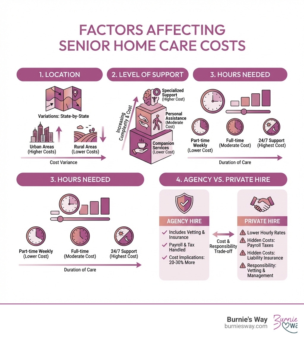 Infographic showing four main factors affecting senior home care costs: Location (state-by-state variations, urban vs rural differences), Level of Support (companion services vs personal assistance vs specialized support), Hours Needed (part-time weekly support vs full-time vs 24/7), and Agency vs Private Hire (agency includes vetting and insurance but costs 20-30% more, private hire has lower hourly rates but hidden costs like payroll taxes and liability insurance) - cost of senior home care infographic 