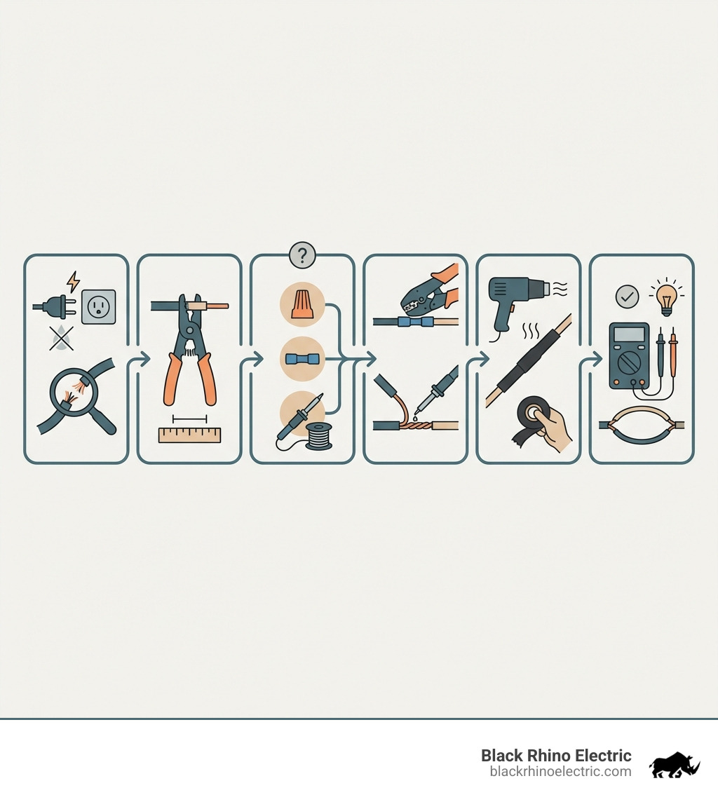 Infographic showing the wire repair process: 1. Disconnect power and assess damage, 2. Strip wire ends with proper tools, 3. Choose connection method based on wire type and location, 4. Secure connection with crimping or soldering, 5. Insulate with heat shrink tubing or electrical tape, 6. Test continuity before restoring power - fix a broken wire infographic 