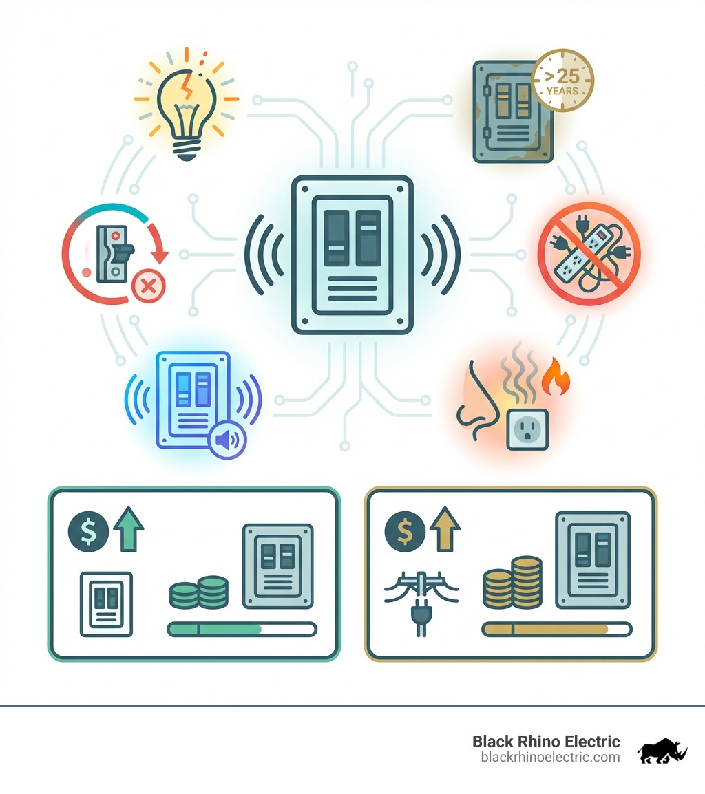 infographic showing signs you need an electrical upgrade including frequent breaker trips flickering lights buzzing panel burning smells overreliance on extension cords and panel age over 25 years with cost ranges for panel and service upgrades - Home electrical upgrade infographic 