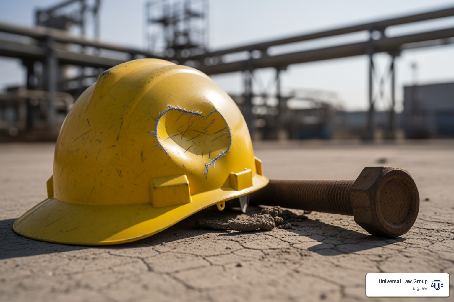 Dented hard hat next to a fallen bolt to illustrate the force of impact - Falling object injury
