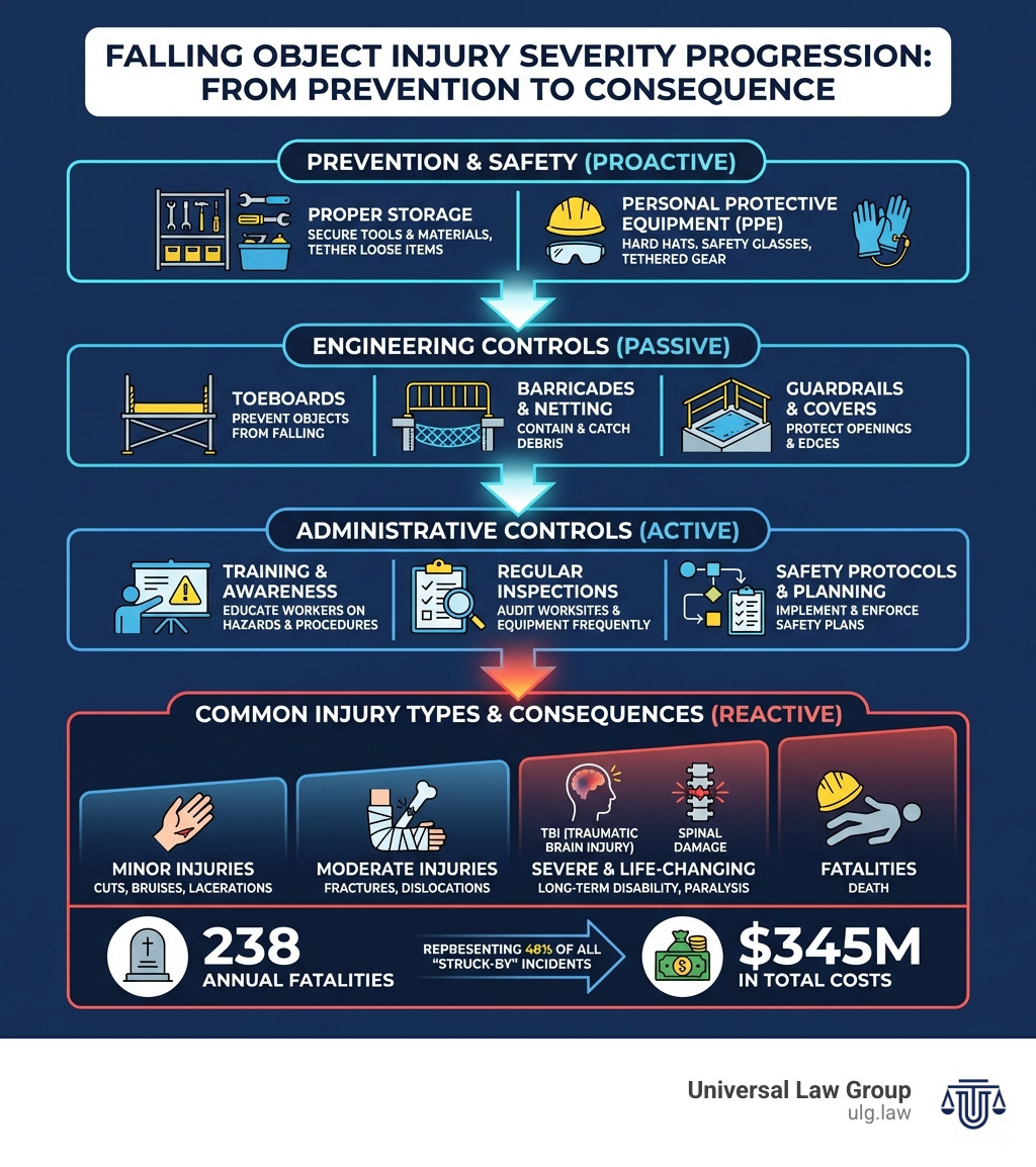 Infographic showing the progression of falling object injury severity: starting with proper storage and PPE at the top, moving through engineering controls like toeboards and barricades, administrative controls including training and inspections, then showing common injury types (cuts, fractures, TBI, spinal damage) at the bottom, with statistics on 238 annual fatalities and $345M in costs, all on a solid background color of #13244E - Falling object injury infographic 
