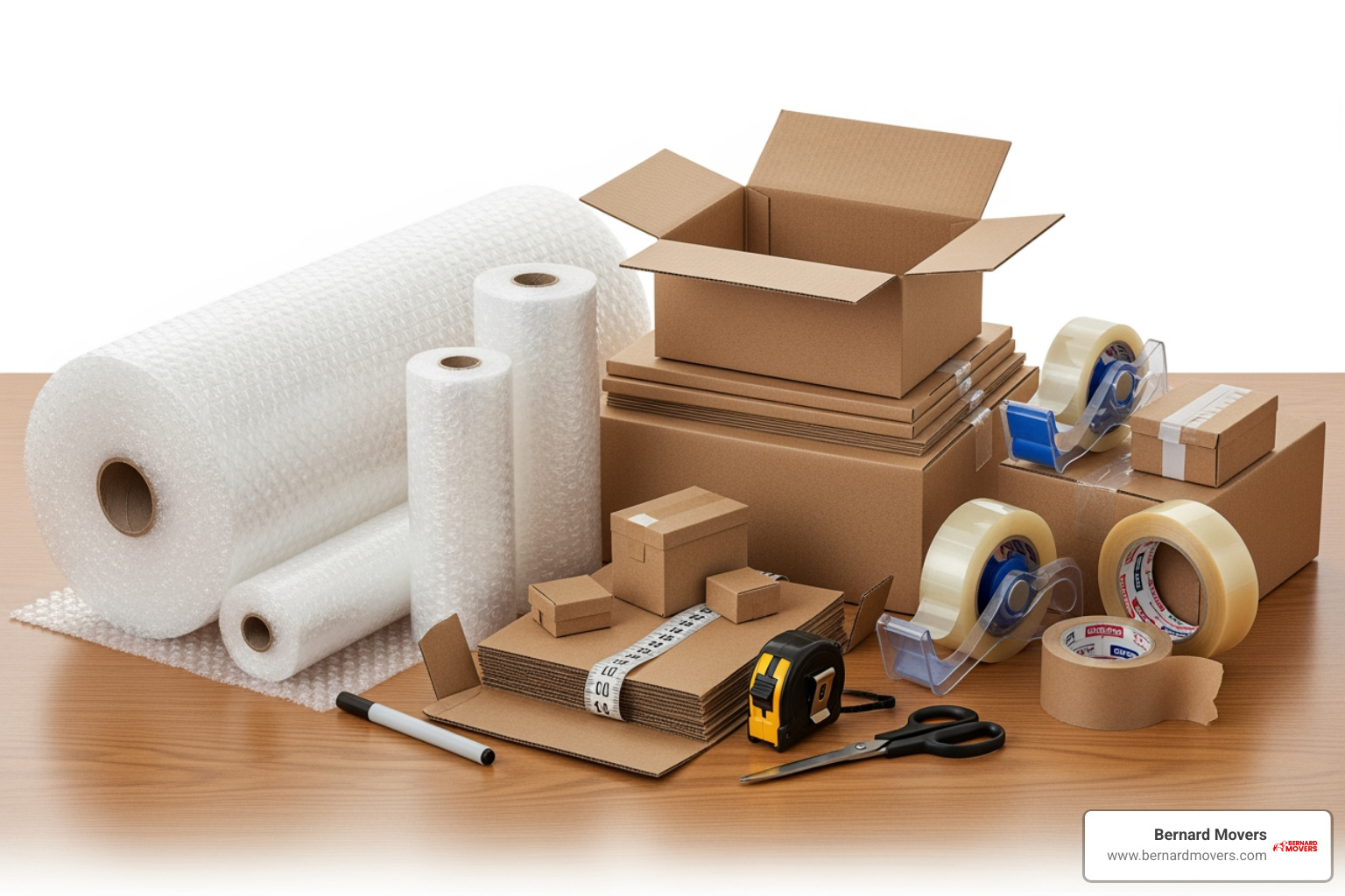 Various packing supplies like boxes, bubble wrap, and packing tape - average cost to pack a 4 bedroom house