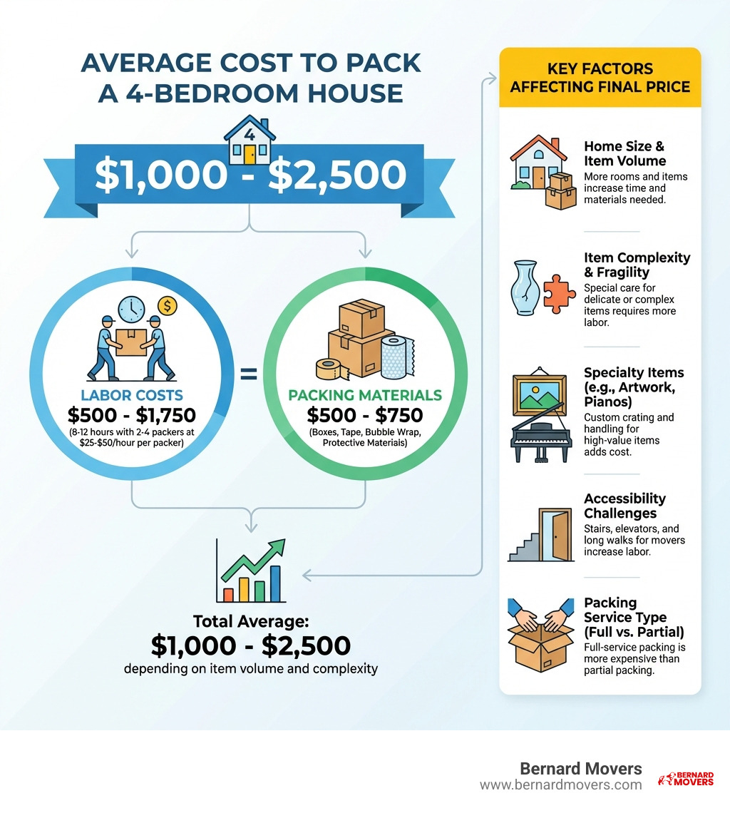 Infographic showing average cost range of $1,000-$2,500 to pack a 4-bedroom house, broken down by labor costs, packing materials, and key factors like home size, item complexity, specialty items, accessibility challenges, and packing service type - average cost to pack a 4 bedroom house infographic 