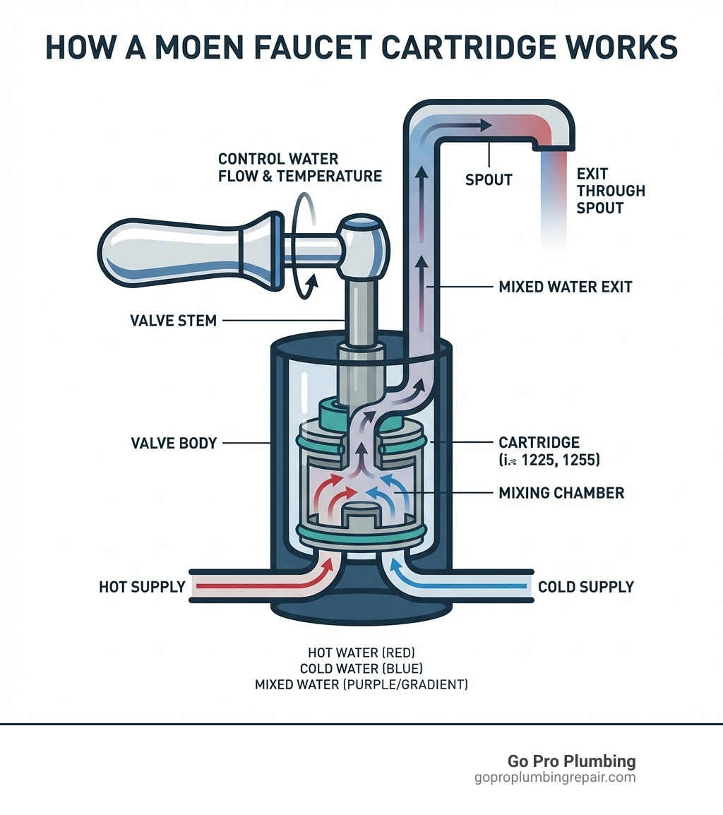 Infographic showing how a Moen faucet cartridge sits inside the valve body, with the handle connecting to the valve stem to control water flow from hot and cold supply lines, mixing the water to the desired temperature before it exits through the spout - different moen cartridges infographic 