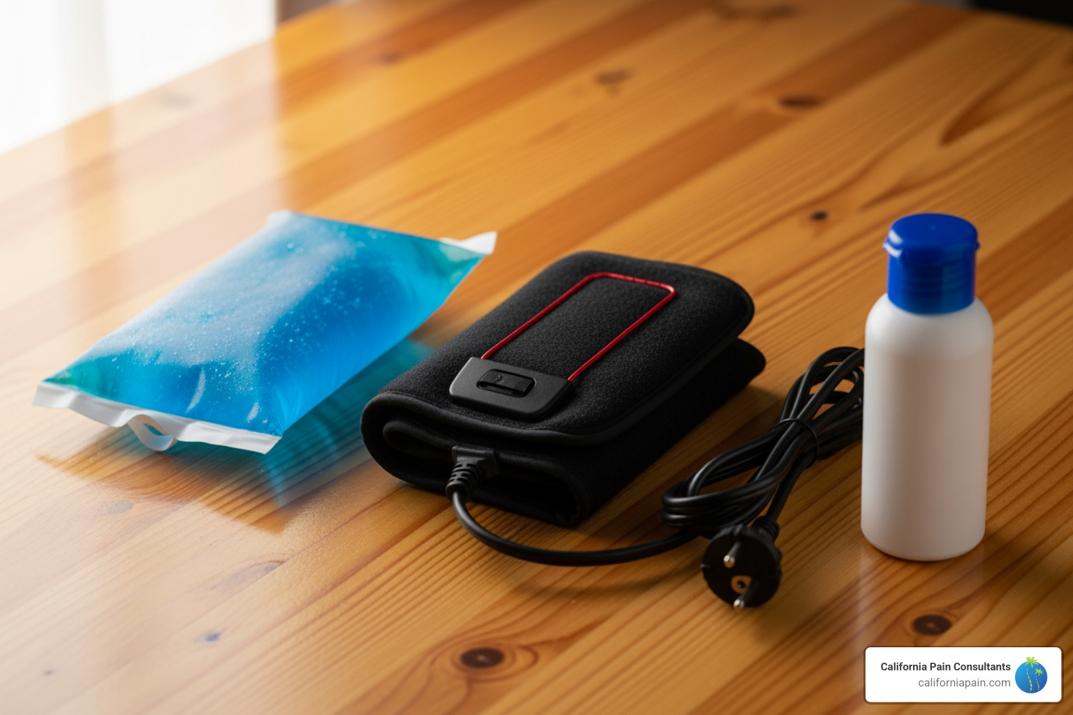 various home remedy items like an ice pack and heating pad - Hip pain solutions