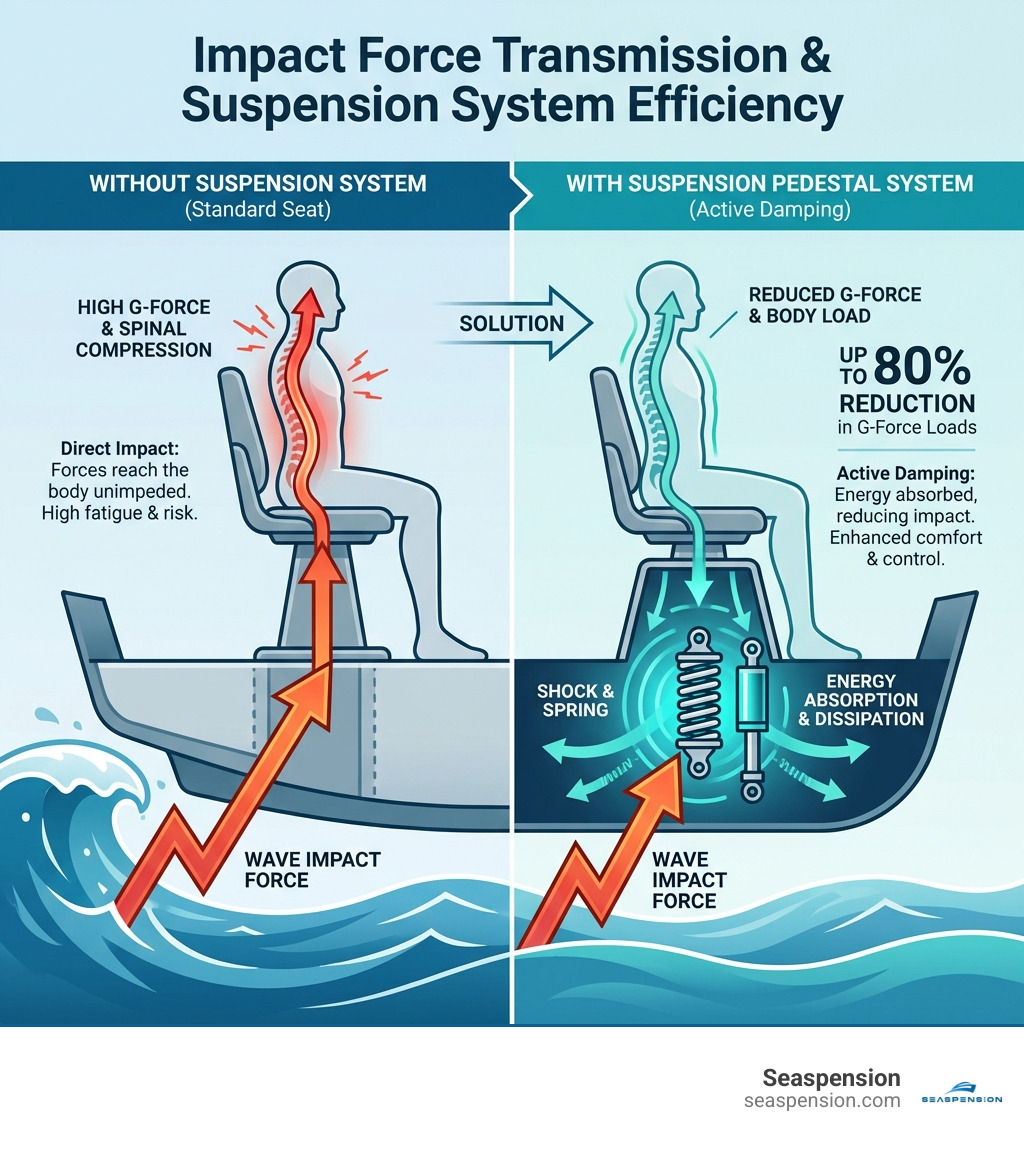 Infographic showing wave impact forces traveling from water surface through boat hull and into operator's spine, with comparison showing how a suspension pedestal interrupts this force transmission by absorbing energy through internal shock and spring mechanisms, reducing G-force loads on the body by up to 80 percent - boat seat suspension system infographic 