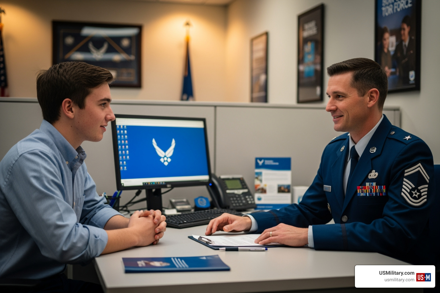 Recruit speaking with an Air Force recruiter - Air Force enlistment bonus Recruit speaking with an Air Force recruiter - Air Force enlistment bonus