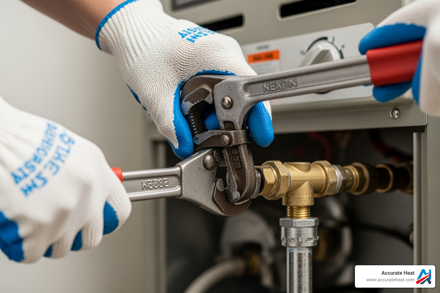 pipe wrenches used to loosen a gas line fitting on a furnace - furnace gas valve repair
