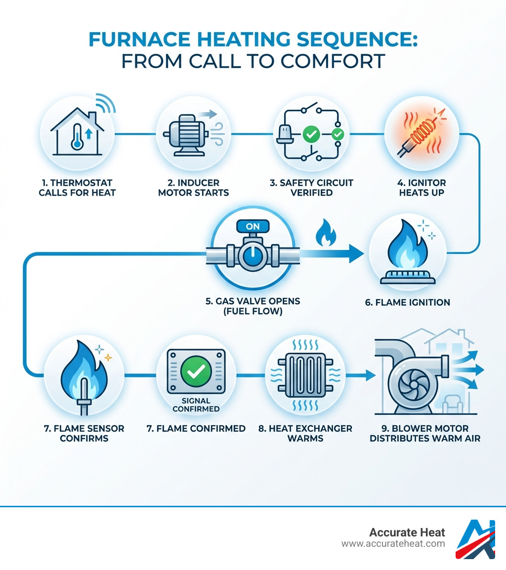 infographic showing the complete furnace sequence of operations from thermostat call for heat through inducer motor activation, safety circuit verification, ignitor heating, gas valve opening, flame ignition, flame sensor confirmation, heat exchanger warming, and blower motor air distribution - furnace gas valve repair infographic 