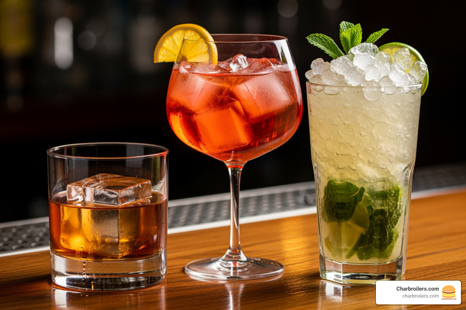 three different cocktails in glasses, one with a large cube, one with half cubes, and one with nugget ice - commercial bar ice machine three different cocktails in glasses, one with a large cube, one with half cubes, and one with nugget ice - commercial bar ice machine