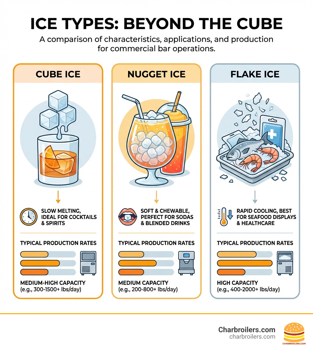 Infographic comparing cube ice (slow melting, ideal for cocktails and spirits), nugget ice (soft and chewable, perfect for sodas and blended drinks), and flake ice (rapid cooling, best for seafood displays and healthcare applications), with visual examples of each ice type and their typical production rates - commercial bar ice machine infographic Infographic comparing cube ice (slow melting, ideal for cocktails and spirits), nugget ice (soft and chewable, perfect for sodas and blended drinks), and flake ice (rapid cooling, best for seafood displays and healthcare applications), with visual examples of each ice type and their typical production rates - commercial bar ice machine infographic