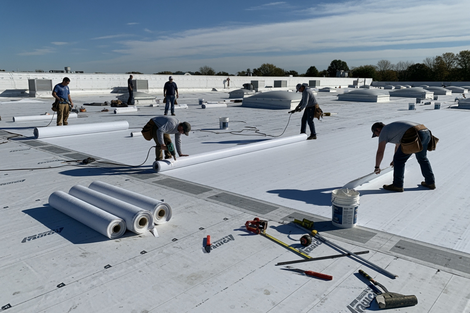 Image of a TPO roof being installed on a large, flat commercial roof. - commercial roofers SLC Image of a TPO roof being installed on a large, flat commercial roof. - commercial roofers SLC