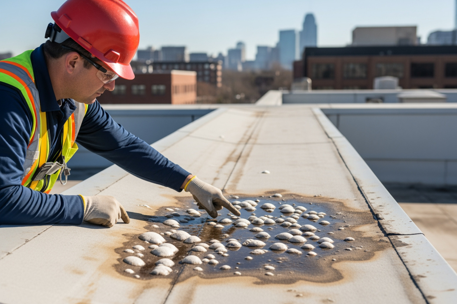 Image of a roofer inspecting a commercial roof for signs of blistering and water damage. - commercial roofers SLC Image of a roofer inspecting a commercial roof for signs of blistering and water damage. - commercial roofers SLC