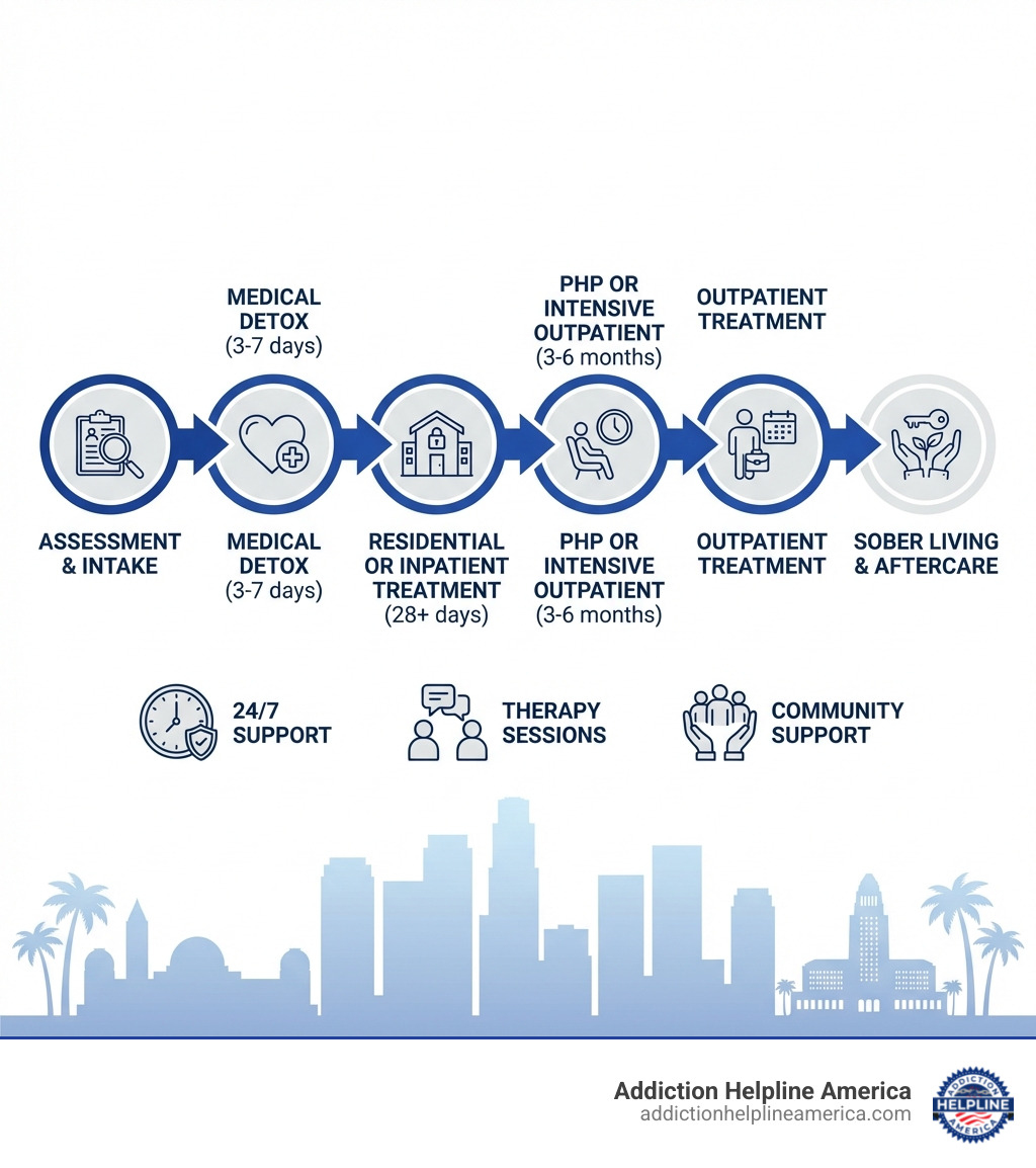 Infographic showing the stages of addiction treatment: Assessment and Intake, Medical Detox (3-7 days), Residential or Inpatient Treatment (28+ days), Partial Hospitalization or Intensive Outpatient (3-6 months), Outpatient Treatment, Sober Living and Aftercare, with arrows connecting each stage and icons representing 24/7 support, therapy sessions, and community support - Drug Rehab Los Angeles Options infographic Infographic showing the stages of addiction treatment: Assessment and Intake, Medical Detox (3-7 days), Residential or Inpatient Treatment (28+ days), Partial Hospitalization or Intensive Outpatient (3-6 months), Outpatient Treatment, Sober Living and Aftercare, with arrows connecting each stage and icons representing 24/7 support, therapy sessions, and community support - Drug Rehab Los Angeles Options infographic