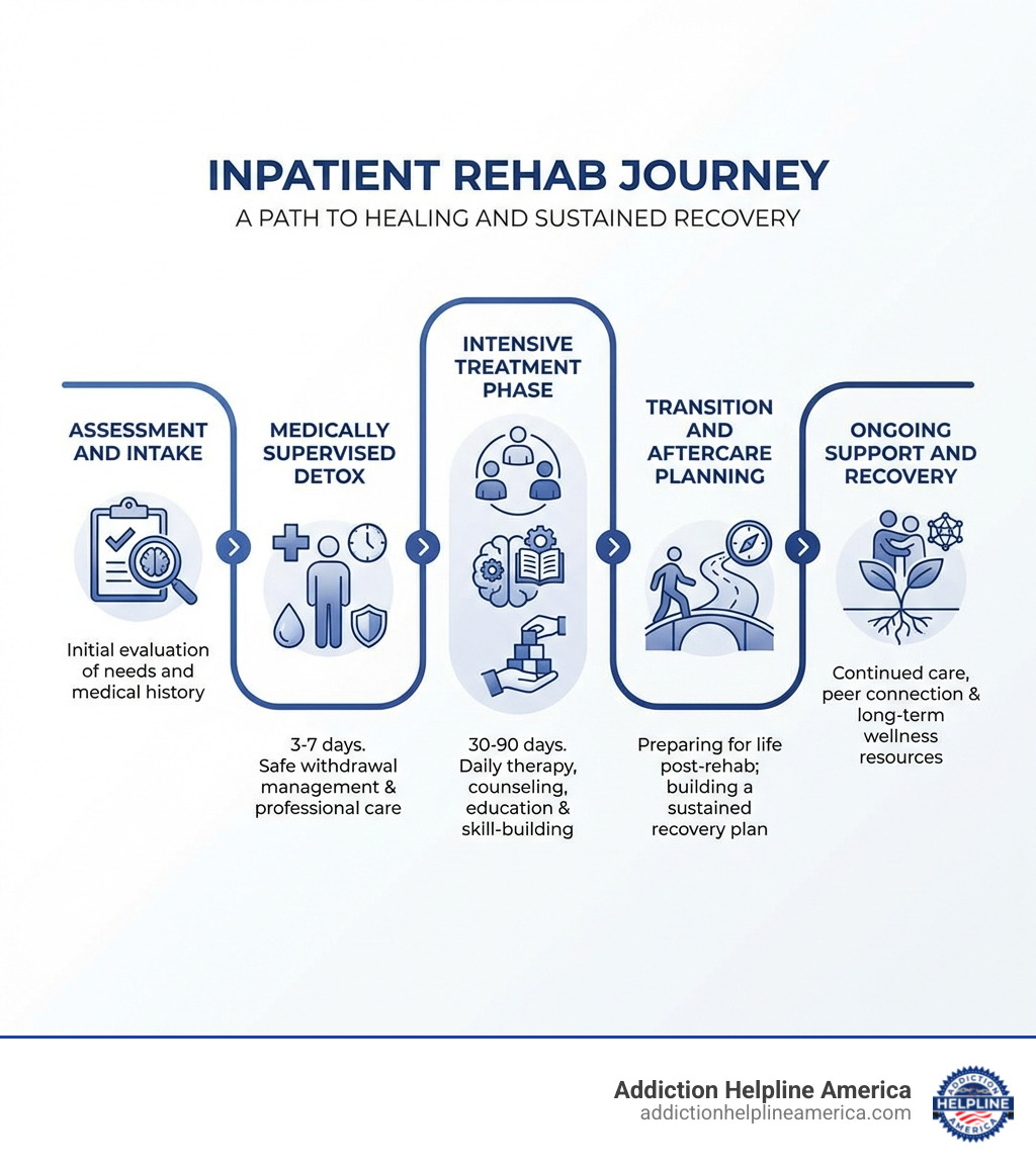 Infographic showing the journey through inpatient rehab: Assessment and Intake → Medically Supervised Detox (3-7 days) → Intensive Treatment Phase (30-90 days with daily therapy, education, and skill-building) → Transition and Aftercare Planning → Ongoing Support and Recovery - Inpatient Drug Rehab Benefits infographic 