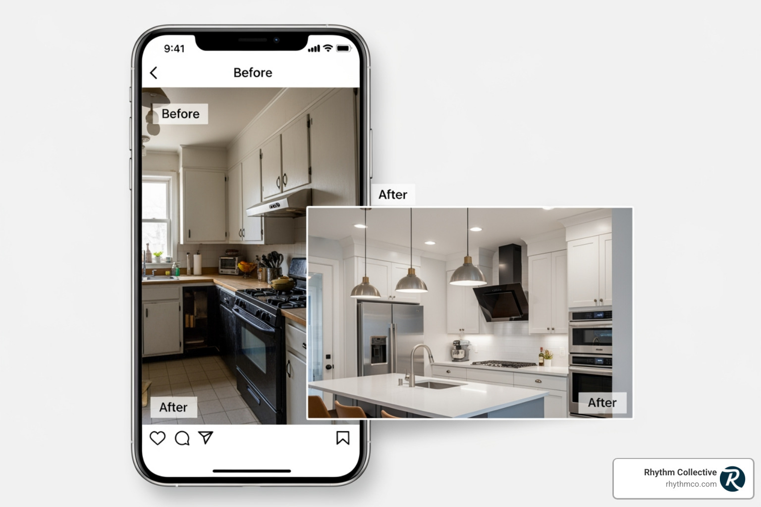 A visually appealing before-and-after kitchen renovation post designed for social media, with clear text overlay and branding - social media marketing contractors A visually appealing before-and-after kitchen renovation post designed for social media, with clear text overlay and branding - social media marketing contractors