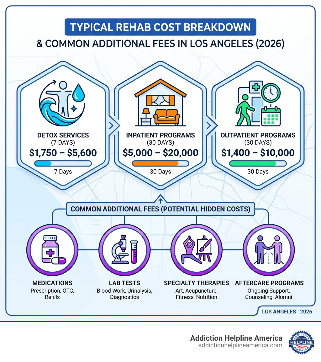 Infographic showing typical rehab cost breakdown including detox services ranging from $1,750-$5,600 for 7 days, inpatient programs from $5,000-$20,000 for 30 days, outpatient programs from $1,400-$10,000 for 30 days, and common additional fees like medications, lab tests, specialty therapies, and aftercare programs - Are There Any Hidden Fees in Los Angeles Drug Rehab Facilities? infographic Infographic showing typical rehab cost breakdown including detox services ranging from $1,750-$5,600 for 7 days, inpatient programs from $5,000-$20,000 for 30 days, outpatient programs from $1,400-$10,000 for 30 days, and common additional fees like medications, lab tests, specialty therapies, and aftercare programs - Are There Any Hidden Fees in Los Angeles Drug Rehab Facilities? infographic