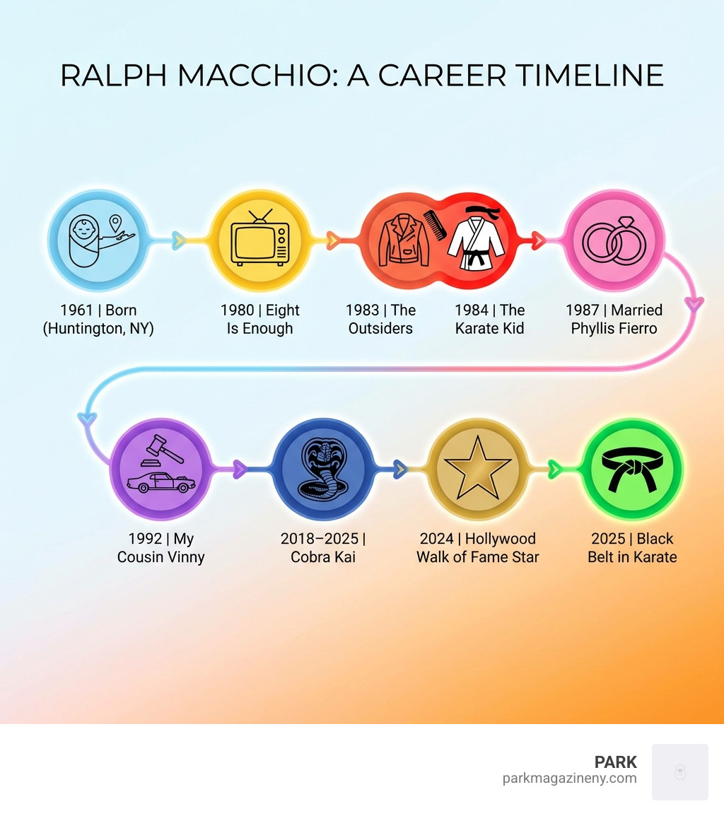 Infographic showing Ralph Macchio's career timeline: Born 1961 in Huntington NY, Eight Is Enough 1980, The Outsiders 1983, The Karate Kid 1984, Married Phyllis Fierro 1987, My Cousin Vinny 1992, Cobra Kai 2018-2025, Hollywood Walk of Fame star 2024, Black belt in karate 2025 - ralph macchio infographic 