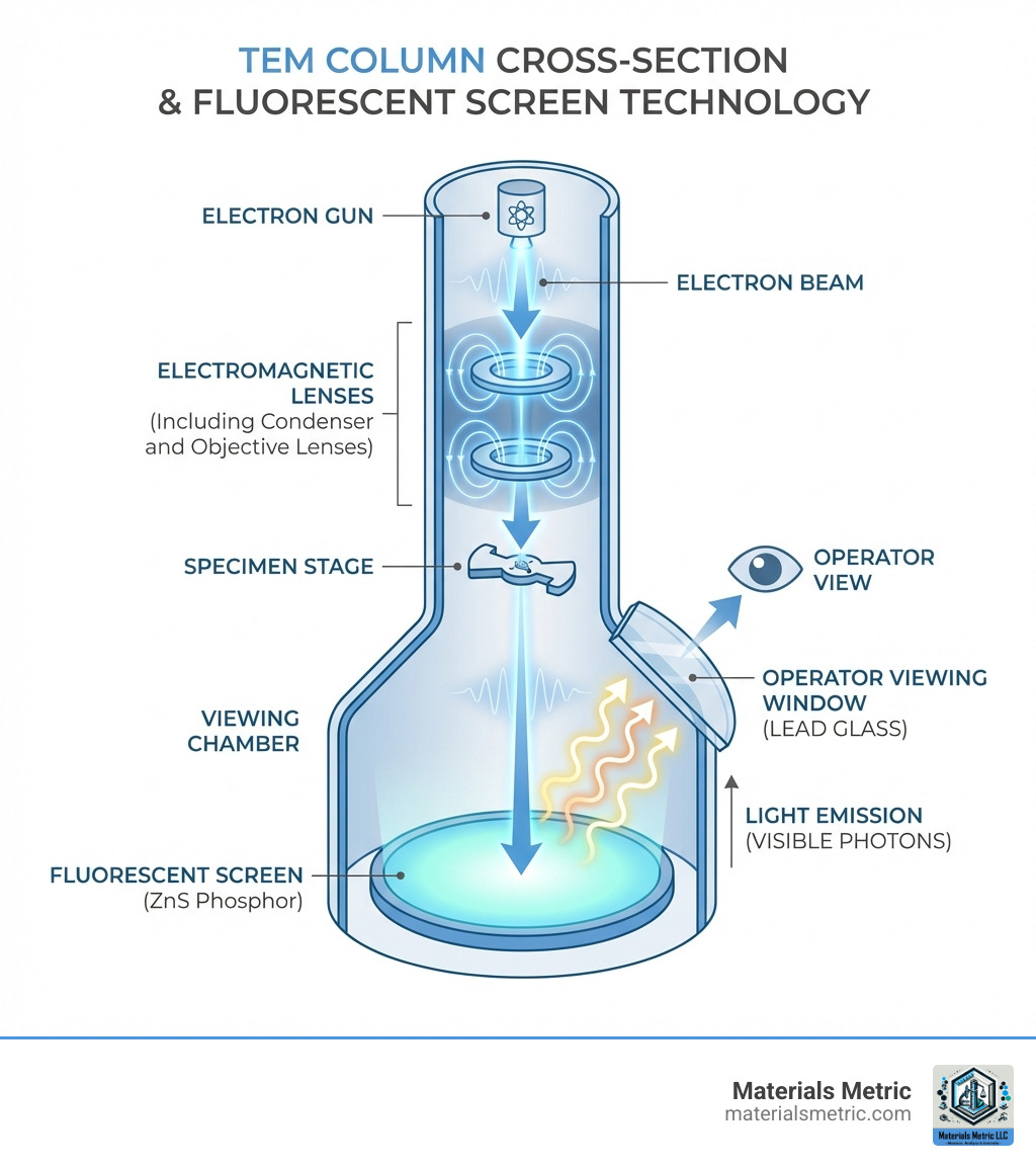 Infographic showing the TEM column cross-section with labeled electron gun at top, electromagnetic lenses in the middle column, specimen stage, and fluorescent screen in the viewing chamber near the bottom, with arrows indicating electron beam path downward and light emission upward from the screen to the operator viewing window - tem fluorescent screen infographic 