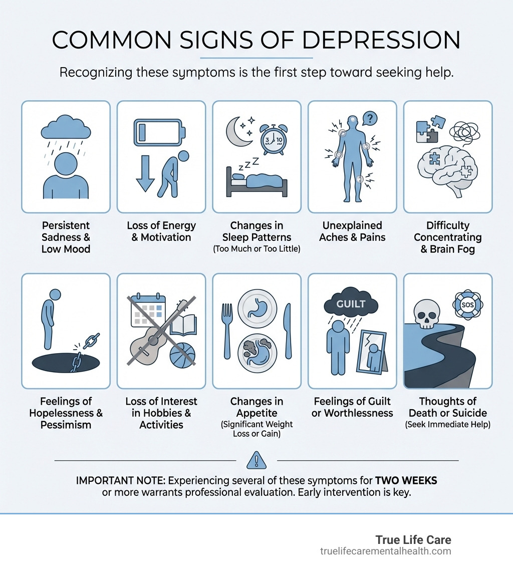 infographic showing common signs of depression including persistent sadness, loss of energy and motivation, changes in sleep patterns, unexplained aches and pains, difficulty concentrating, feelings of hopelessness, loss of interest in activities, changes in appetite, feelings of guilt or worthlessness, and thoughts of death or suicide, with a note that experiencing several of these symptoms for two weeks or more warrants professional evaluation - Depression Treatment in Somerset County NJ infographic 