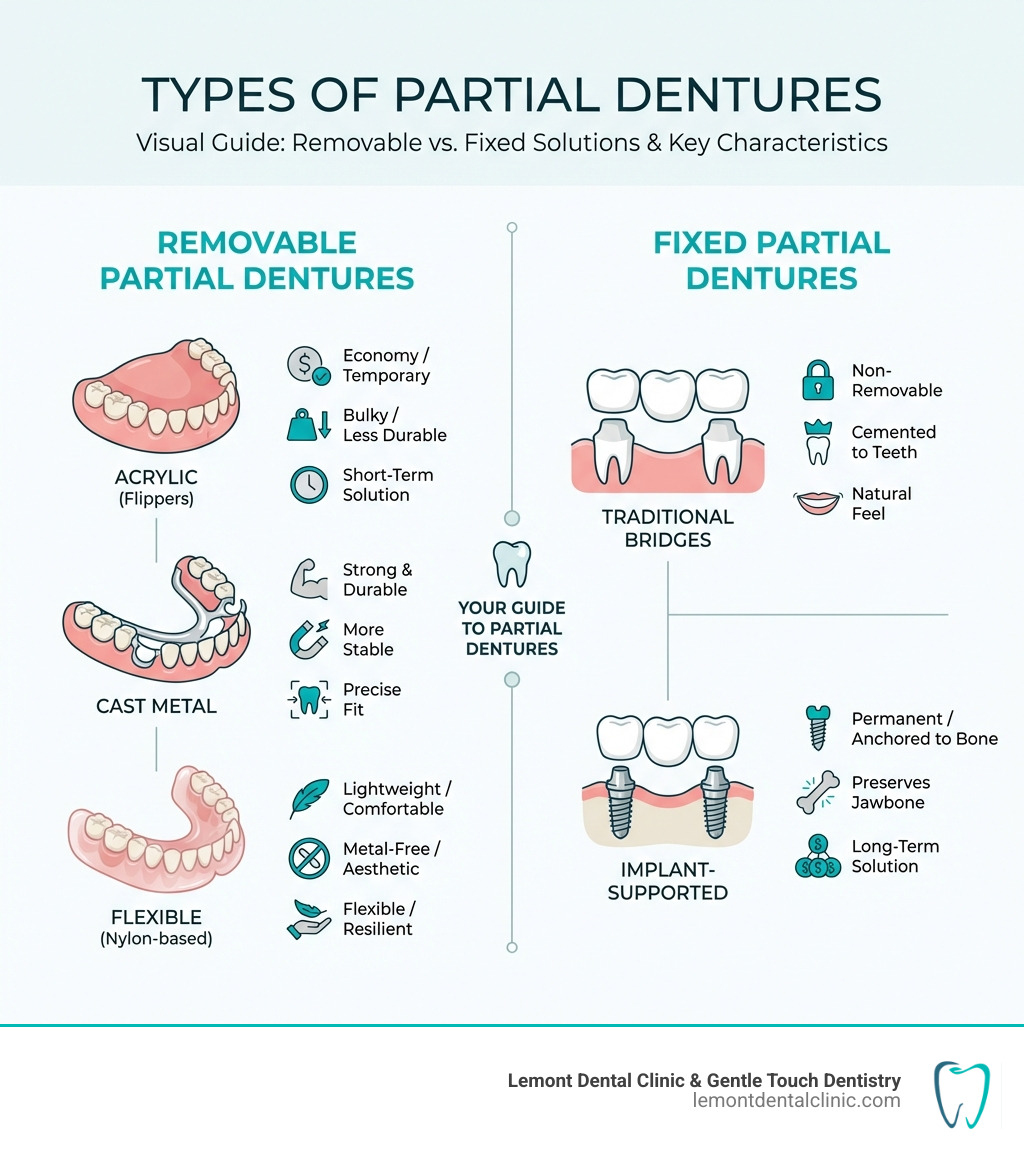 infographic showing removable partial dentures (acrylic, cast metal, flexible) on the left side and fixed partial dentures (traditional bridges, implant-supported) on the right side, with key characteristics of each type listed - types of partial dentures infographic infographic showing removable partial dentures (acrylic, cast metal, flexible) on the left side and fixed partial dentures (traditional bridges, implant-supported) on the right side, with key characteristics of each type listed - types of partial dentures infographic